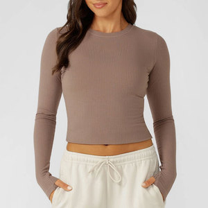 Ribbed Women Custom High Elastane Short Length Design Thumb Hole Cuffs Round Neck Solid Color Sweat Wicking <b>Long</b> <b>Sleeve</b> Shirt - Product Image 1