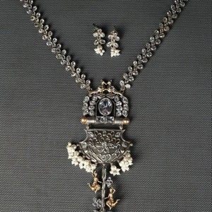 Parure Collier et Boucles d'Oreilles Paon Bicolore en Laiton Plaqué Or, Style Romantique, Pierres de Cristal et Perles, pour Mariage et Fiançailles - Product Image 1