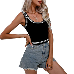 Wholesale Women Black Contrast Trim Knit Crop Top OEM Custom Sleeveless Scoop Neck Summer Casual Vest for Boutique women's shirt - Product Image 4