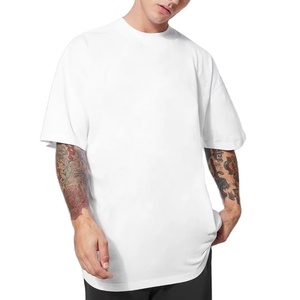 T-shirts tricotés lourds 100% coton personnalisés pour hommes, col rond, épaules tombantes surdimensionnées, blancs avec logo personnalisé - Product Image 1