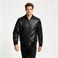 Blouson aviateur en cuir noir pour homme, col rabattu, fermeture éclair, coupe ajustée, longueur standard, pour l'automne