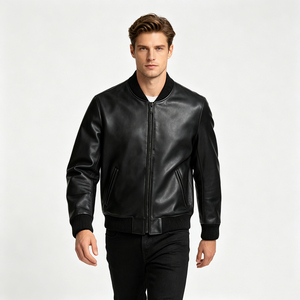 Men's <b>Black</b> Leather Bomber Jacket Turn-down Collar Zipper Closure Slim Fit Regular Length Autumn Wear - Product Image 1