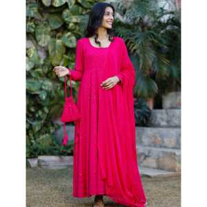 Ensemble de costume en mousseline de soie rose orné de broderies Chikankari avec sac Potli, taille XS - Product Image 3