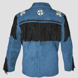 Top Quality Men’s Premium Blue <b>Suede</b> Fringe <b>Jacket</b> Western Cowboy Tassel Leather Style Coat Turn down Collar Zipper Closure - Product Image 2