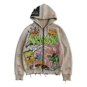 Streetwear personnalisé de haute qualité dégradé sérigraphié sweat à capuche zippé avec devant lavé à la pierre 100% coton surdimensionné hiver - Product Image 1