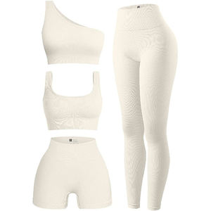 Ensemble de sport côtelé sans couture pour femme : brassière asymétrique, crop top et leggings taille haute – Tenue de sport OEM - Product Image 5