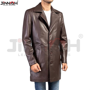 New Long Jet <b>Black</b> Leather Coats Fully Customized With Front Style Double-breasted Buttons Belt Collar Style Shirt Center - Product Image 4