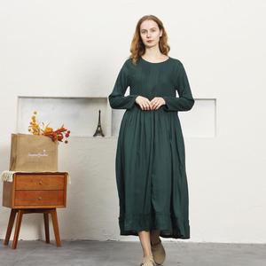 Bohemian Green Plain Cotton Linen Maxi <b>Dress</b> With O-Neck <b>Loose</b> Fit Full Sleeve Summer Casual <b>Dress</b> For Women - Product Image 1