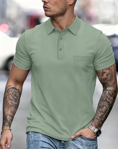 Men's Solid Green Short Sleeve for Shirt Chest Pocket Casual Polyester/Cotton Blend Jersey Fabric 180g Breathable Regular Fit - Product Image 1