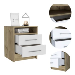 2-Drawer 1-<b>Shelf</b> Rectangle Nightstand in <b>Light</b> <b>Oak</b> and White - Product Image 4