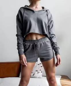 Conjunto de 2 Piezas para Mujer, Sudadera con Capucha y Pantalones Deportivos de Punto, Color Marrón Sólido, Casual, Transpirable, para Todas las Temporadas, Top Corto de Manga Larga y Pantalones Jogger - Product Image 1