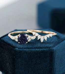 Set Of 2PCS Natural Blue Sandstone Engagement Ring 925 Sterling <b>Silver</b> 14K Gold Plated Round Star Stone Ring - Product Image 5