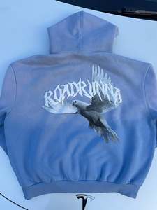 Sudadera con capucha de fábrica OEM con efecto desgastado, cremallera completa, mangas con pedrería, corte holgado, gráfico de pájaro paloma, de forro polar, tipo chándal - Product Image 4