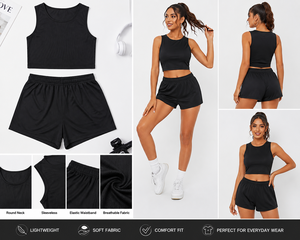Conjunto de Top Corto y Pantalones Cortos para Mujer, Sin Mangas, Color Negro Sólido, Ligero, Transpirable, Cómodo, para Todas las Temporadas, Ropa Deportiva, Bra Deportivo, Ropa Interior, Yoga - Product Image 3