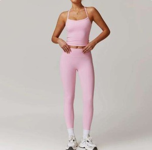 Conjunto Deportivo para Mujer, Top Transpirable de Color Personalizado y Leggings de Cintura Alta Acanalados, Conjunto de Yoga con Logotipo Frontal - Product Image 6