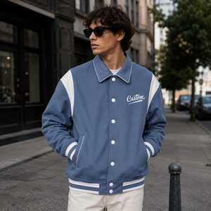 Custom Letter Print Winter Varsity <b>Jacket</b> <b>Men</b> Blue <b>White</b> Contrast Sleeve Casual Style Turn-down Collar Covered Button Heated - Product Image 1