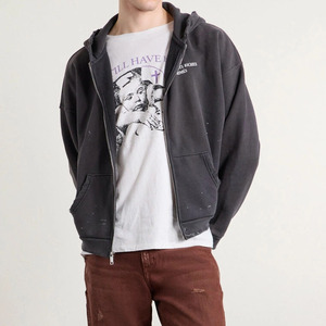 Sweat-shirts à capuche zippés pour hommes, style streetwear, avec logo personnalisé, coupe oversize, en coton épais 100%, imprimés, effet vintage délavé à l'acide et usé - Product Image 2