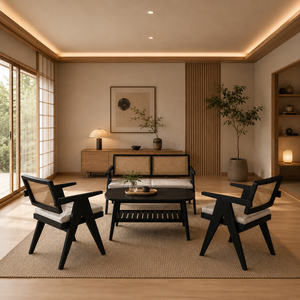 Juego de Muebles de Salón Modernos Escandinavos Malmo de Teca y Ratán con Acabado Negro, Mesa de Centro Ovalada Premium, Estante, Sofá de Mimbre para Hotel o Salón - Product Image 4