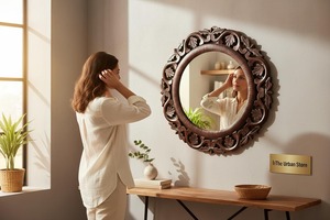 Miroir mural décoratif avec cadre floral sculpté, finition brune, fait main, contemporain, pour salon, chambre, salle de bain, décoration intérieure REHMAN - Product Image 2