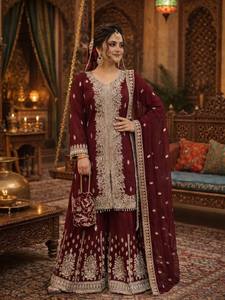 TOP PLAZZO Ensemble de soirée vintage avec dupatta, broderie à points de chaînette et sequins, et dentelle Latkan - Product Image 3