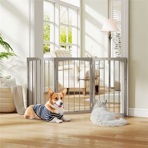 Cancello per Animali Domestici Moderno in Legno Grigio 160x76 cm, con Chiusura a Bottone, per Interni ed Esterni, Elegante in Metallo - Product Image 5