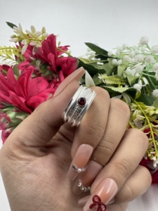 <b>Silver</b> Plated Rotating Spinner <b>Ring</b> with Red Garnet Stone <b>Adjustable</b> Fashion <b>Ring</b> - Product Image 3