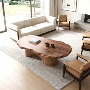 Table basse en bois massif avec tiroir Table centrale en bois sculptural à bord vivant faite à la main en bois naturel Table de déclaration décor à la maison - Product Image 3