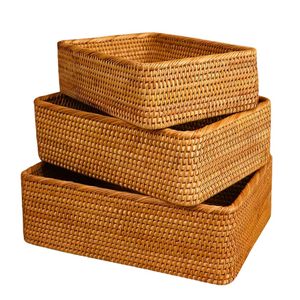 Durable Rectangular Wicker RATTAN <b>BASKET</b> / <b>TRAY</b> 3-Piece Handmade Wicker <b>Basket</b> for Bakery and Restaurant Use - Product Image 1