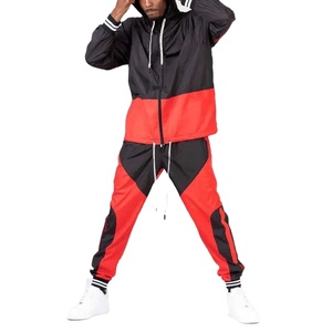 Ensemble de survêtement pour homme à capuche avec fermeture éclair, manches longues, style streetwear hip-hop, rouge et noir, automne - Product Image 1
