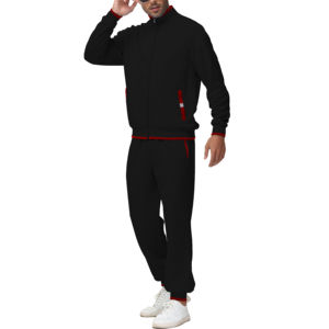 Conjunto Deportivo para Hombre en Negro y Rojo, Chaqueta Deportiva con Cierre Completo y Cuello Alto, Pantalones Jogger, Ropa Deportiva Casual, Traje Deportivo de Dos Piezas - Product Image 1