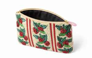 Pochette cosmétique brodée à la main pour femme, motif fraise, fermeture ouverte, porte-monnaie de créateur avec dragonne et chaîne, doublure en polyester - Product Image 2