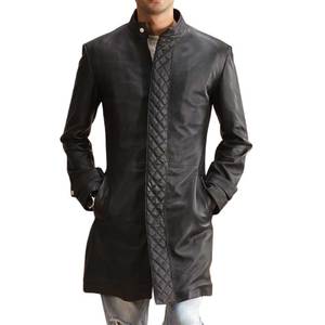 Manteau trench en cuir d'agneau pour homme, longueur genou, avec col mandarin et patte de boutonnage matelassée en losanges, coupe-vent - Product Image 1
