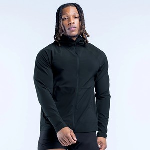 Sudadera con capucha para hombre, negra, con cremallera completa, de manga regular, lisa, cortavientos, ajuste slim, con logo personalizado, al por mayor, de alta demanda - Product Image 1