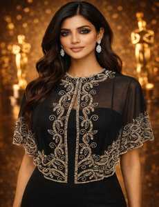 Cape en polyester noir brodée de perles, avec manches courtes et bordure florale, pour femme adulte, transparente - Product Image 1