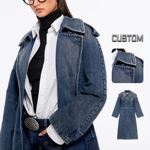 Gabardina Larga de Mezclilla Azul para Mujer, Chaqueta Cruzada con Cuello de Solapa y Cinturón - Product Image 5