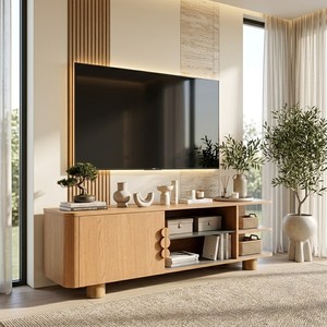 Mueble de TV de Madera de Pino Hecho a Mano con Asas Redondas y Estante Abierto, Diseño Moderno, Mueble de Salón con Montaje en el Suelo - Product Image 2