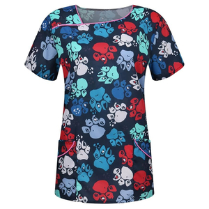 Colorful Animal Paw Print Veterinary Scrub Top Breathable Healthcare Uniform for Vet Techs & Pet Groomers Hospital <b>Nurse</b> Work - Product Image 6