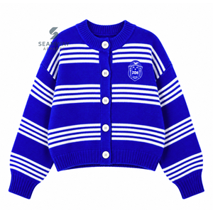เสื้อคาร์ดิแกนถักลายทางสำหรับผู้หญิง Zeta Phi Beta Sorority แขนยาว ปิดกระดุม คอวี สีน้ำเงินขาว ปักลาย สไตล์ลำลอง - Product Image 1