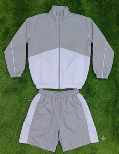 Conjunto Deportivo Unisex Gris y Blanco con Bloques de Color, Chaqueta con Cremallera de Manga Larga y Pantalones Cortos Deportivos, Transpirable, de Poliéster, para Adultos, Ropa de Primavera - Product Image 1