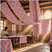 Tissu en coton imprimé à la main écologique, motif floral rose et blanc, textile indien pour robes, kurtis, couture, artisanat et décoration intérieure pour garçons et filles