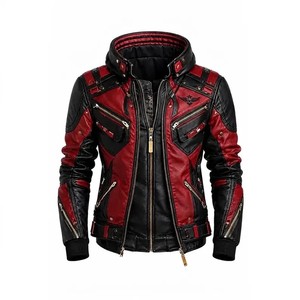 Chaqueta de Motociclista para Hombre, Roja y Negra, de Cuero Sintético, Manga Larga, con Capucha, Cierre de Cremallera, Estilo Urbano, para Otoño, con Relleno de Poliéster en la Parte Delantera - Product Image 1