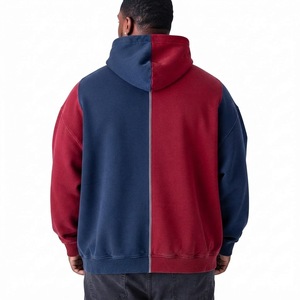 Men's Color Blocking Hooded Fleece Sweatshirt Oversized Fit Casual Long Sleeve Autumn Wear <b>Red</b> And Blue Two <b>Tone</b> Design - Product Image 2