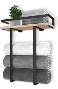 Porte-serviettes mural avec étagère en bois, étagère de rangement en métal pour petite salle de bain - Product Image 2