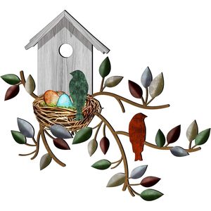 Decoración de Pared para Interiores y Exteriores, Arte Metálico de Pájaros y Hojas, Casa para Pájaros Colgante, Decoración de Pared Metálica Resistente para Hogar y Oficina - Product Image 1