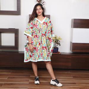 Robe Kaftan en Coton Imprimé Col V pour Femme, Coupe Ample Midi Décontractée d'Été, à Nouer, Manches Courtes, Motif Dessin Animé, Respirante - Product Image 3