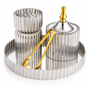 Juego de quemador de incienso Mabkhara de metal con pinzas y tapa en bandeja, acabado en oro y plata, soporte de aromaterapia para uso en interiores. - Product Image 1