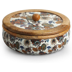 Handcrafted Mango Wood Chapati Hot Pot Enamelled Roti Storage Casserole with Lid for Kitchen and Dining <b>Table</b> Decor - Product Image 4