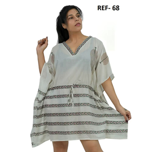 Vestido Kaftán Mini de Playa, Estampado Floral, de Algodón Ecológico, Cuello en V, Mangas Murciélago, para Primavera/Verano - Product Image 1