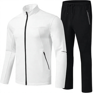 <b>Men's</b> <b>White</b> Stand Collar Zip Jacket and Black Drawstring <b>Jogger</b> Pants Set Solid Sporty Tracksuit Modern Streetwear - Product Image 5