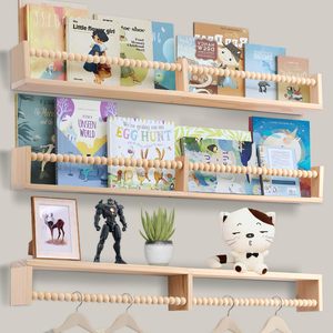 Estante de <span class=keywords><strong>Pared</strong></span> de Madera con Borde Natural para Cuarto <span class=keywords><strong>Infantil</strong></span>, Estantes Flotantes de Madera con Diseño de Cuentas para Habitaciones Infantiles - Product Image 3